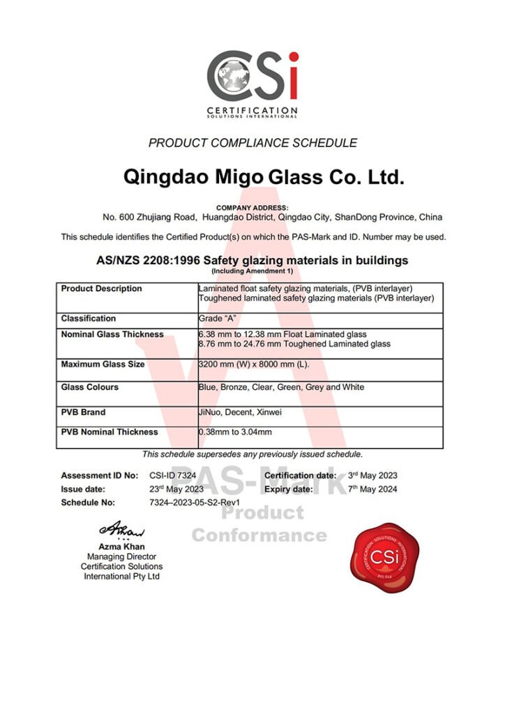 ASNZS2208 of laminated glass factory (2023-2024)