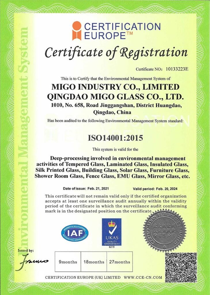 ISO14001 certificates of shower glass factory