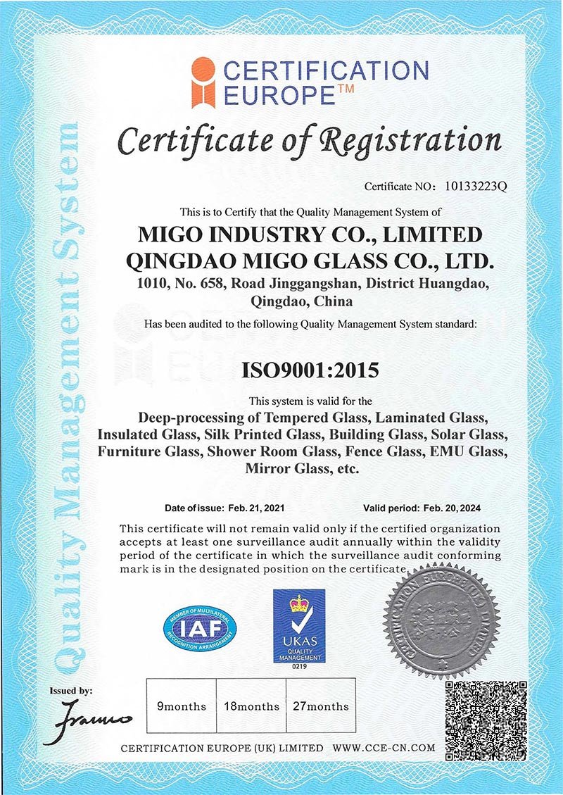 ISO9001 cetificates of shower glass manufacturers